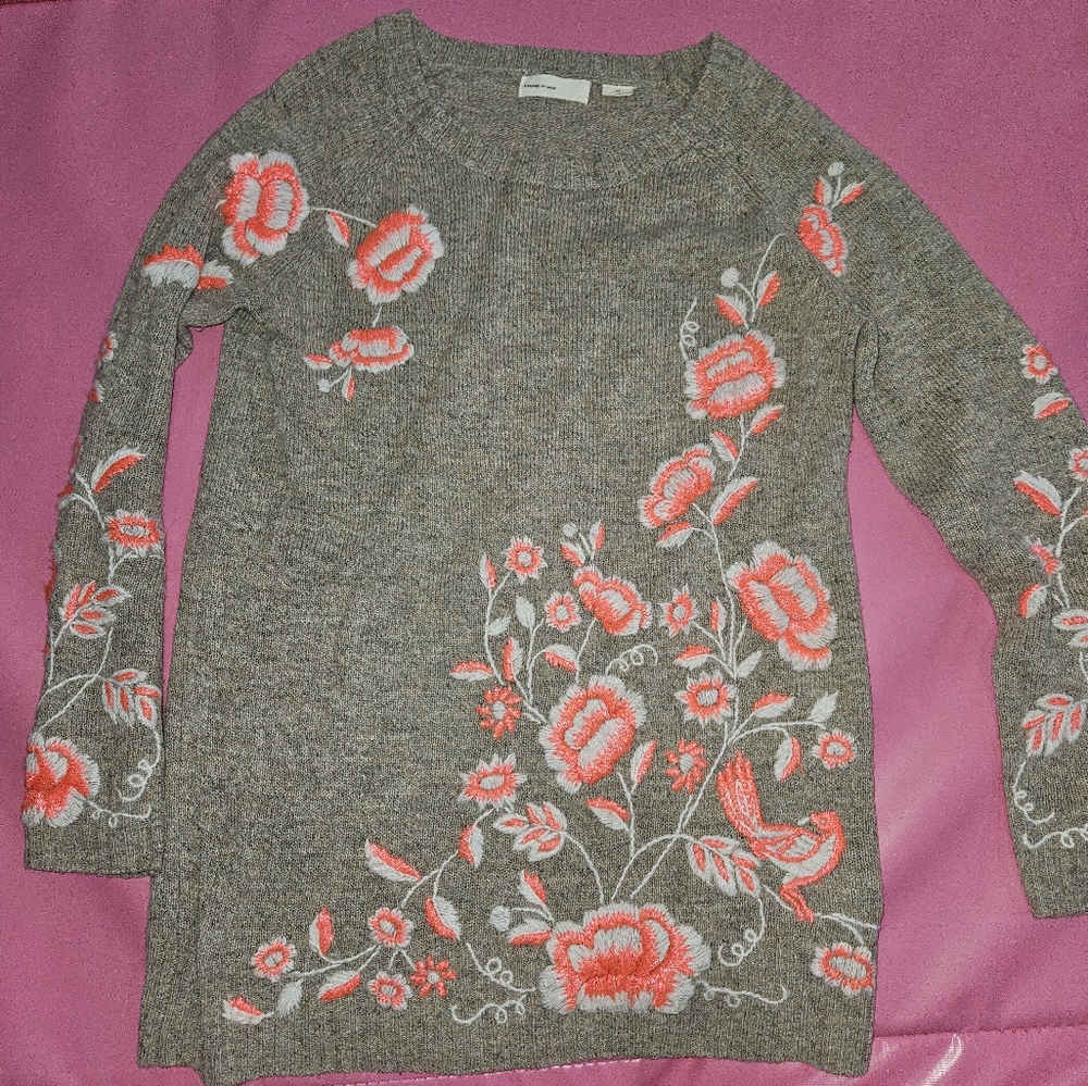 Anthropologie Sleeping on Snow Pullover Sweater Wool Blend Crewel Flowers S/P